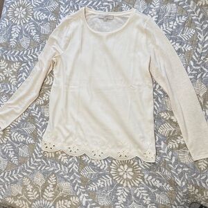 LOFT Cream Long Sleeve Top with Eyelet Detail